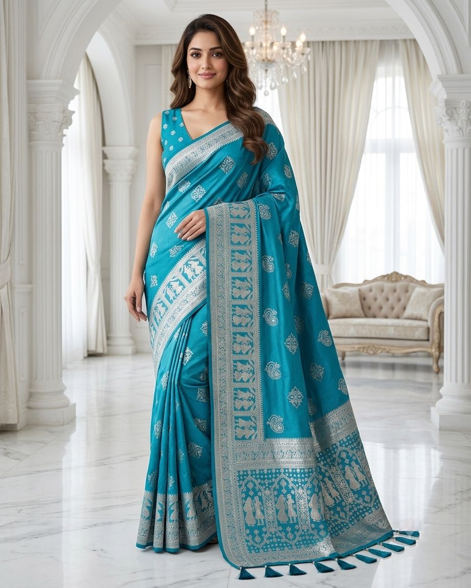 Rama Blue Silver Zari Woven Traditional Saree with Heritage Designer Pallu