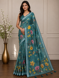 Rama Green Floral Cotton Silk Saree with Designer Border