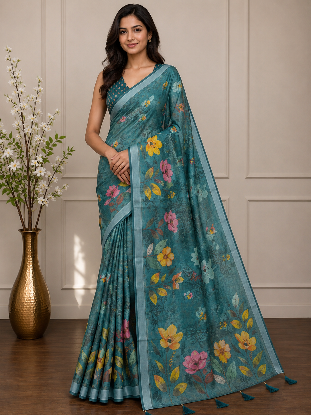 Rama Green Floral Cotton Silk Saree with Designer Border