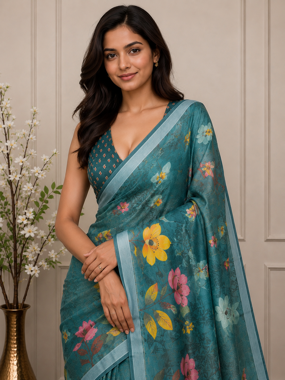 Rama Green Floral Cotton Silk Saree with Designer Border
