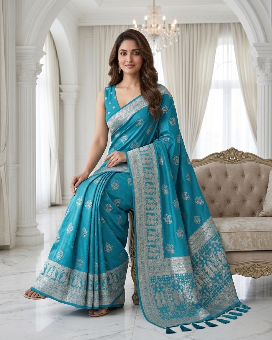 Rama Blue Silver Zari Woven Traditional Saree with Heritage Designer Pallu