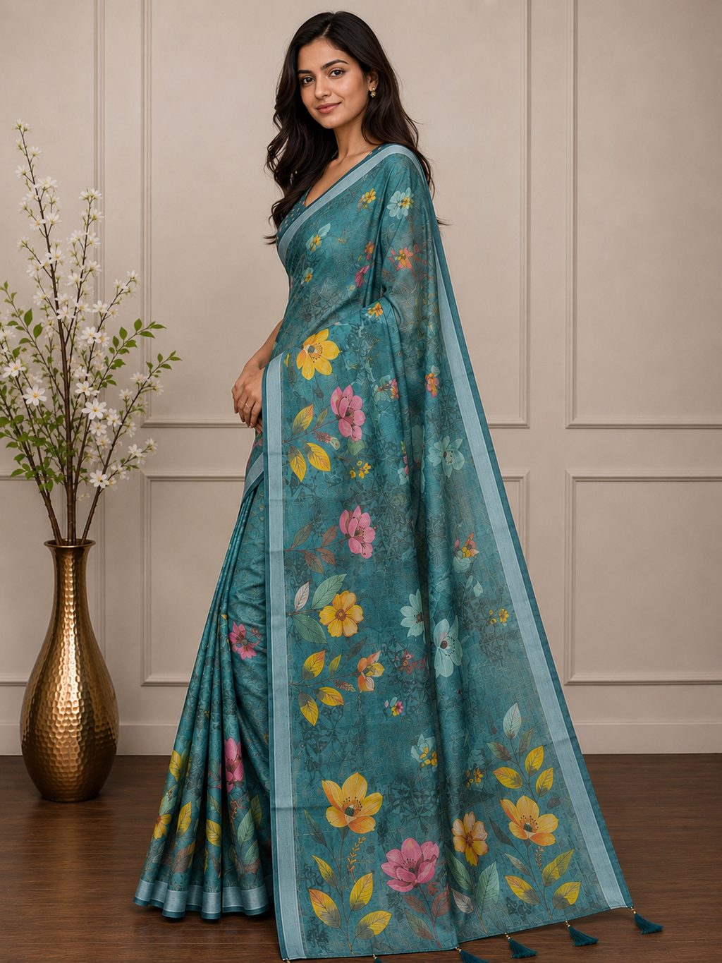 Rama Green Floral Cotton Silk Saree with Designer Border