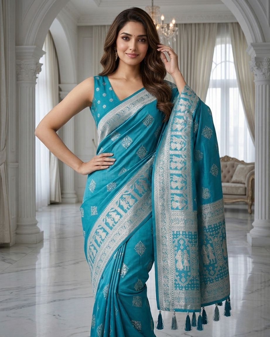 Rama Blue Silver Zari Woven Traditional Saree with Heritage Designer Pallu