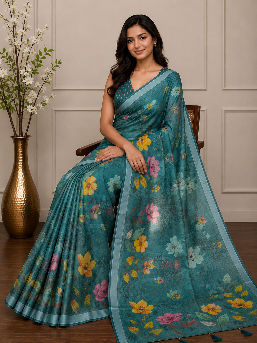 Rama Green Floral Cotton Silk Saree with Designer Border