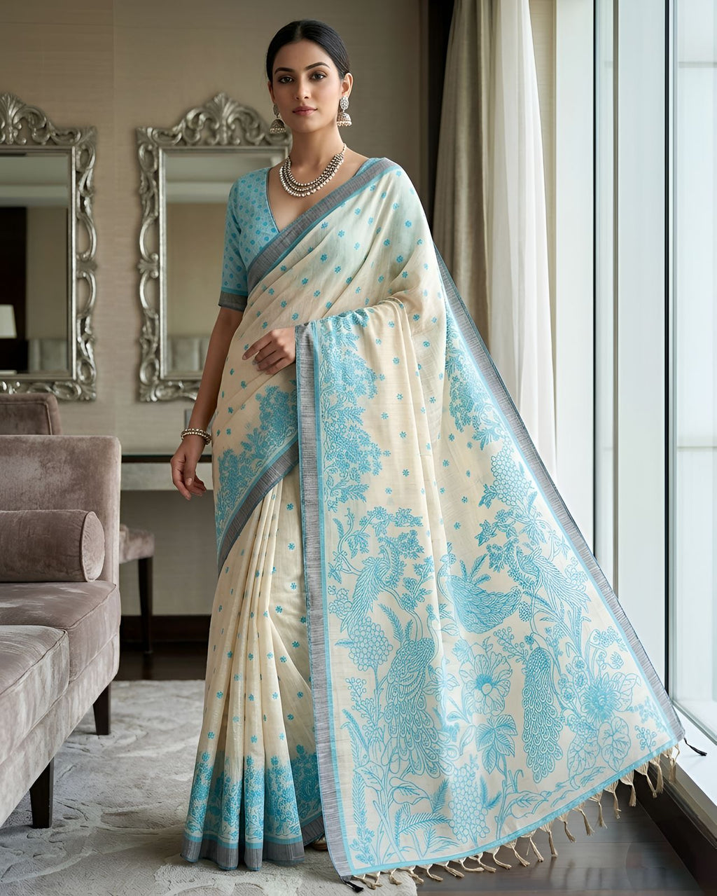 Rama Green Printed Viscose Saree with Floral Design, Contrast Border & Designer Pallu