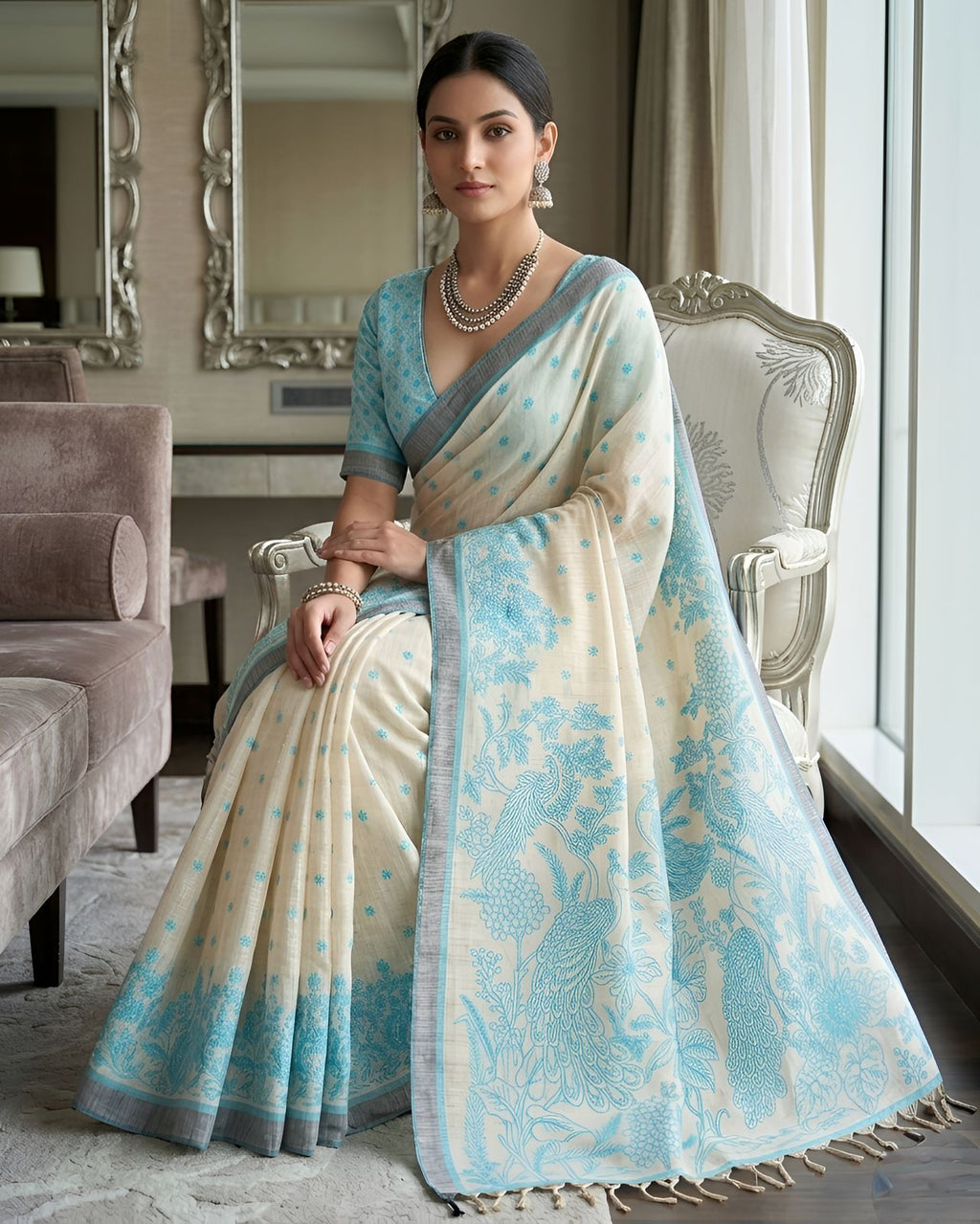 Rama Green Printed Viscose Saree with Floral Design, Contrast Border & Designer Pallu