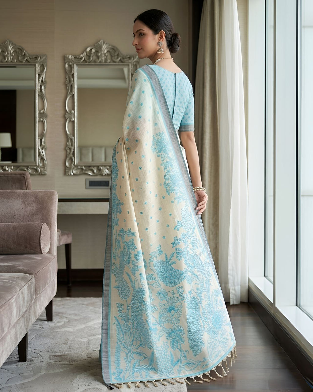 Rama Green Printed Viscose Saree with Floral Design, Contrast Border & Designer Pallu