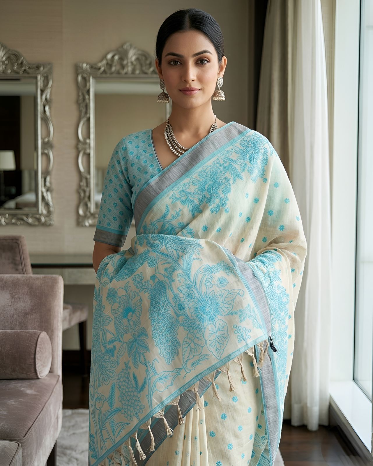 Rama Green Printed Viscose Saree with Floral Design, Contrast Border & Designer Pallu