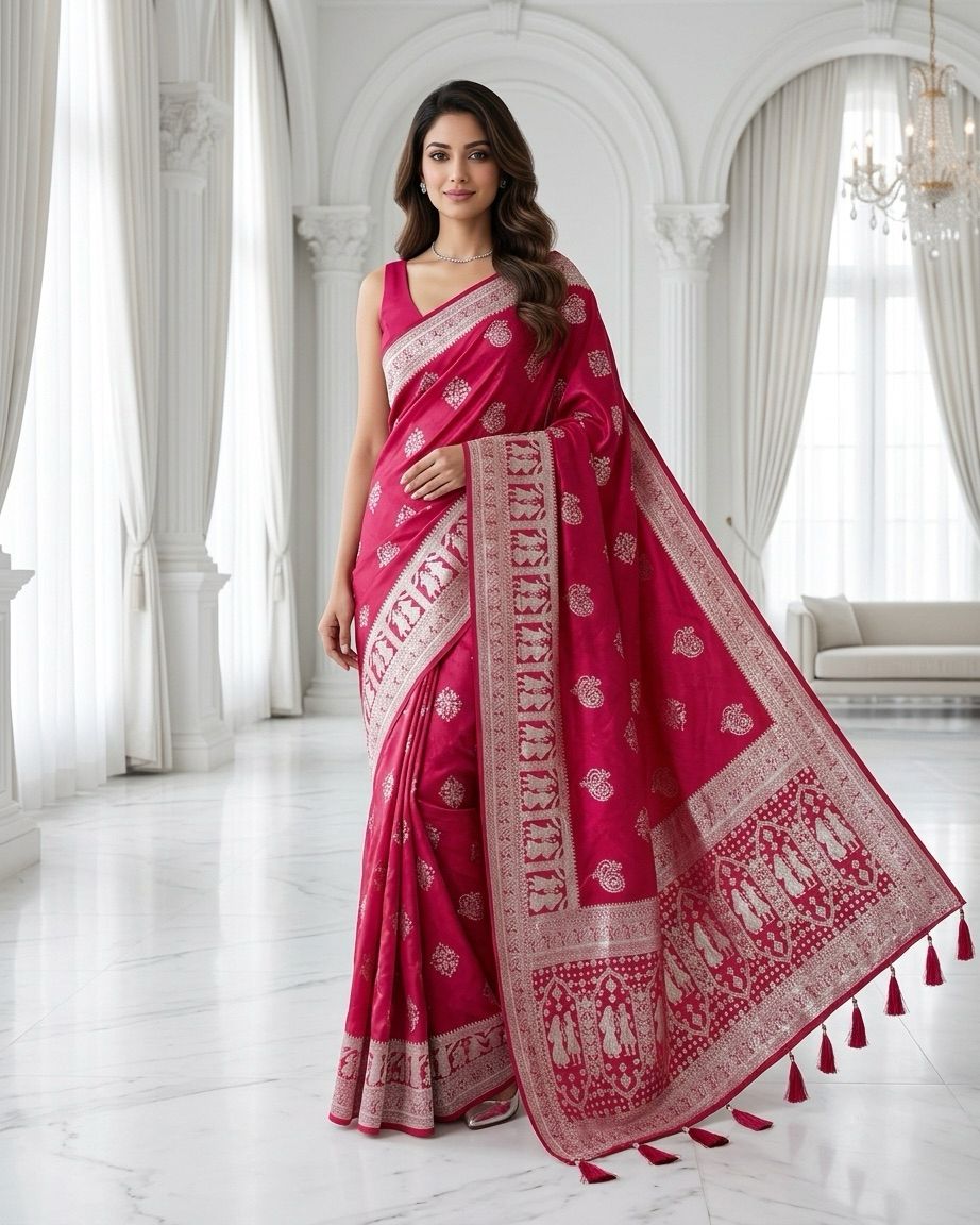 Rani Pink Silver Zari Woven Traditional Saree with Heritage Designer Pallu