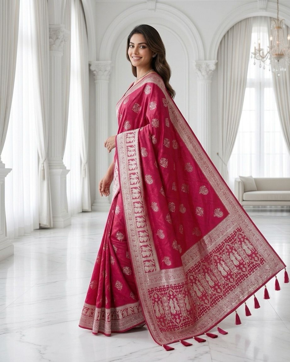 Rani Pink Silver Zari Woven Traditional Saree with Heritage Designer Pallu