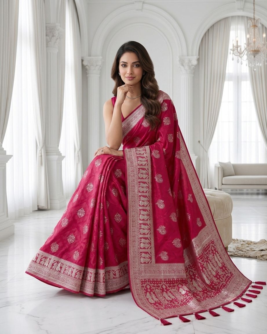 Rani Pink Silver Zari Woven Traditional Saree with Heritage Designer Pallu
