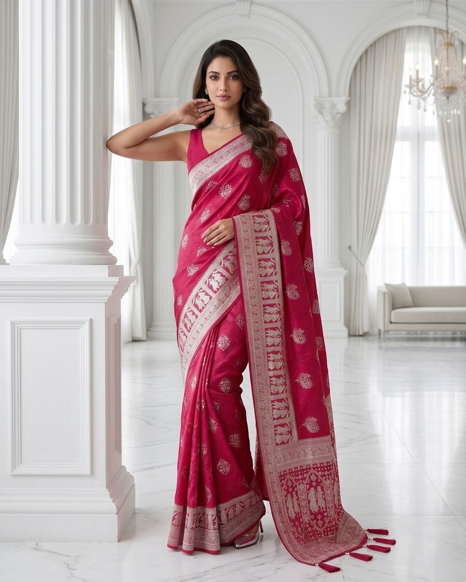 Rani Pink Silver Zari Woven Traditional Saree with Heritage Designer Pallu