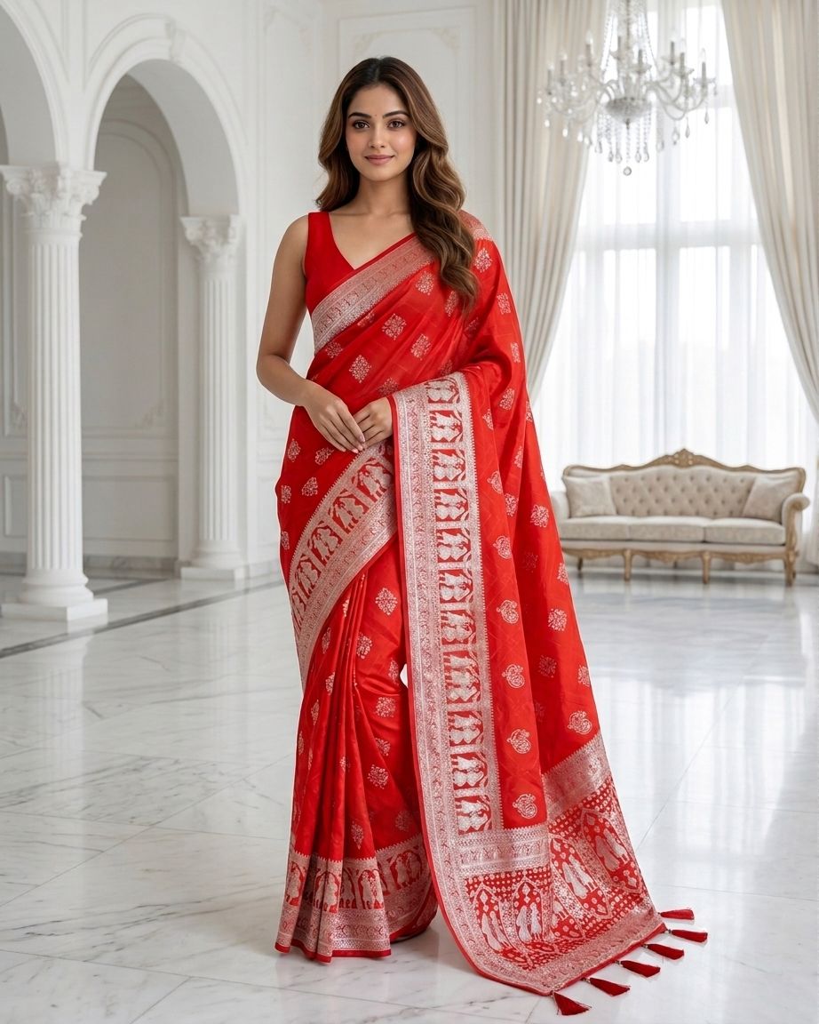 Crimson Red Silver Zari Woven Traditional Saree with Heritage Designer Pallu