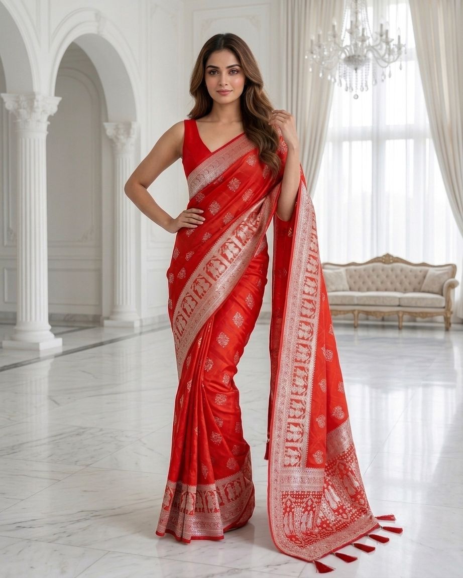 Crimson Red Silver Zari Woven Traditional Saree with Heritage Designer Pallu