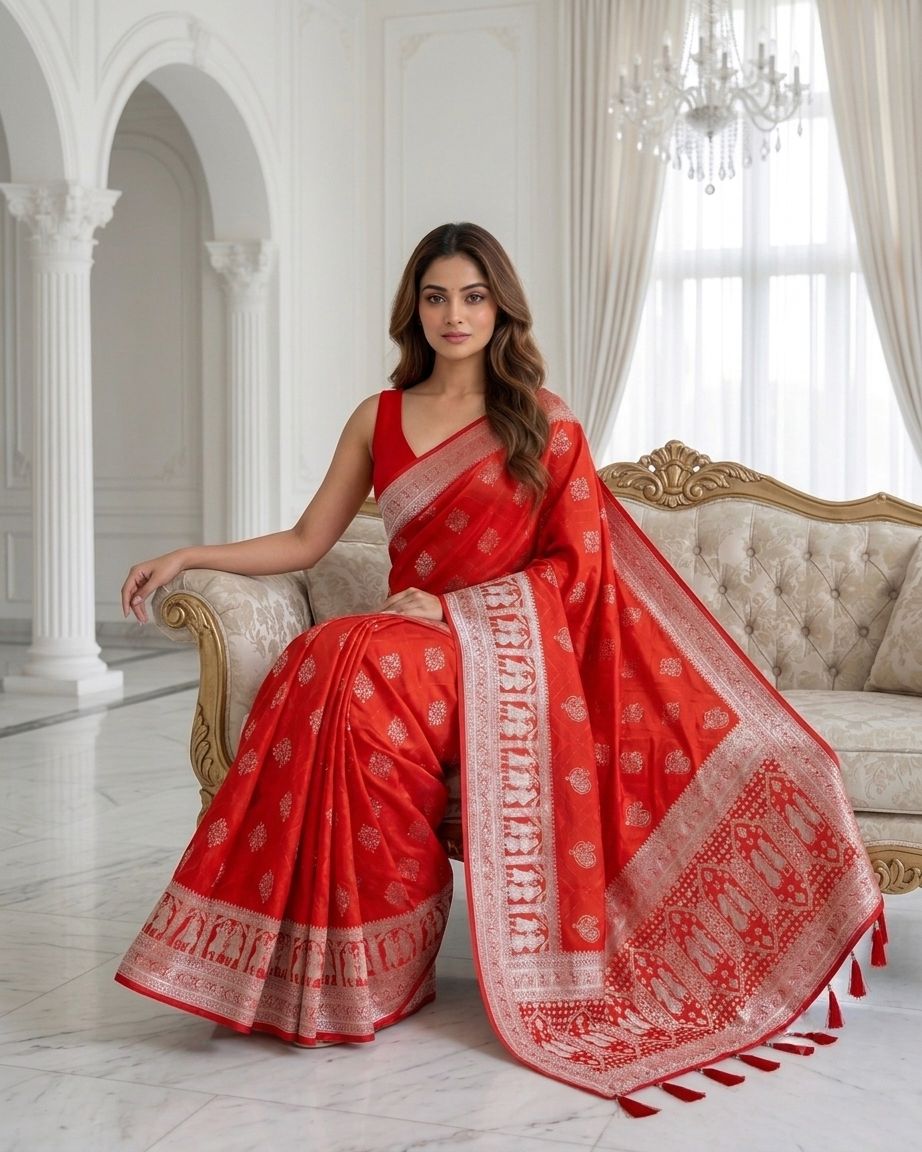 Crimson Red Silver Zari Woven Traditional Saree with Heritage Designer Pallu