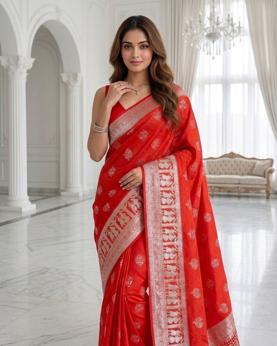 Crimson Red Silver Zari Woven Traditional Saree with Heritage Designer Pallu