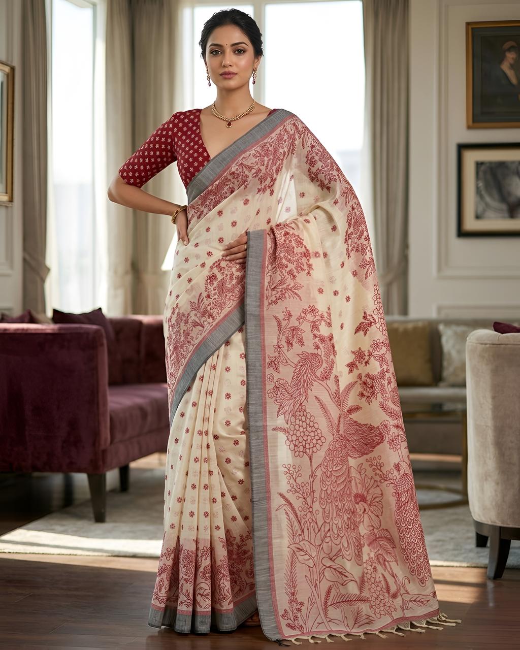 Red Printed Linen Saree with Floral Design, Contrast Border & Designer Pallu