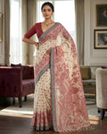 Red Printed Linen Saree with Floral Design, Contrast Border & Designer Pallu