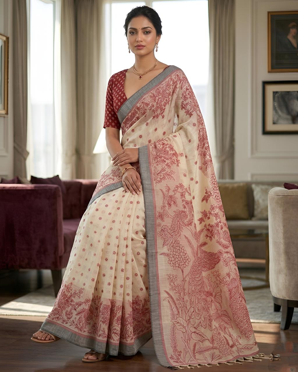 Red Printed Linen Saree with Floral Design, Contrast Border & Designer Pallu