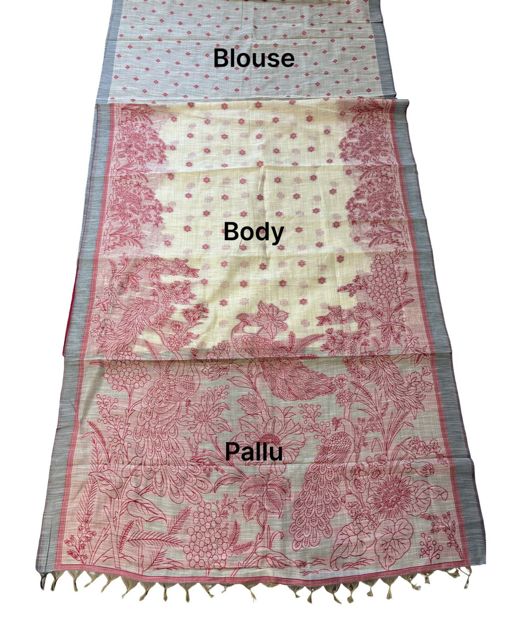 Red Printed Linen Saree with Floral Design, Contrast Border & Designer Pallu