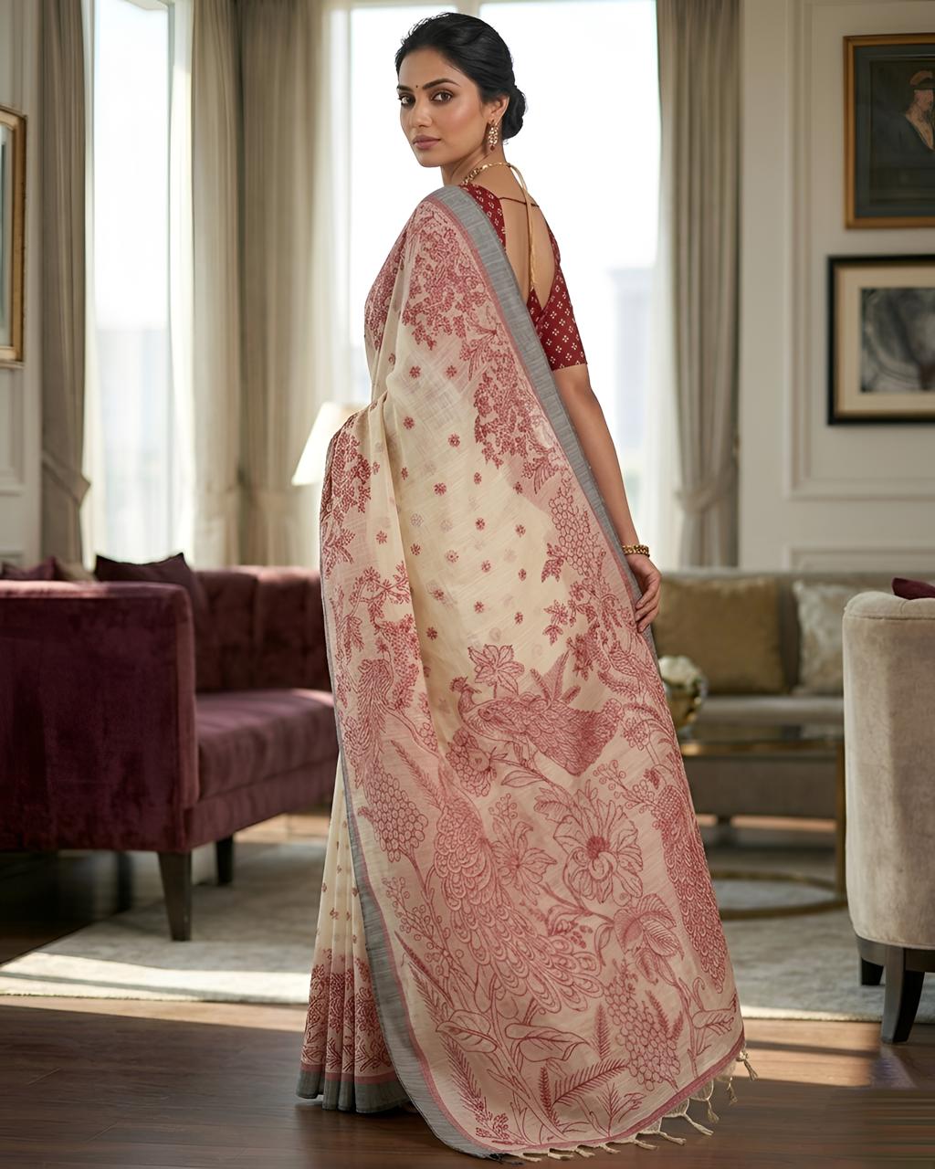 Red Printed Linen Saree with Floral Design, Contrast Border & Designer Pallu