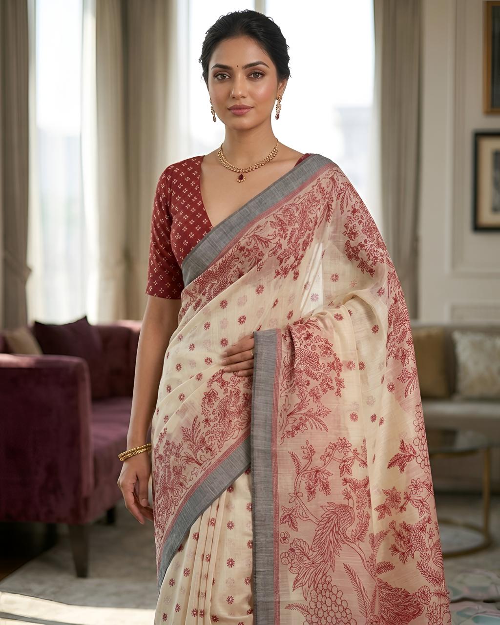 Red Printed Linen Saree with Floral Design, Contrast Border & Designer Pallu