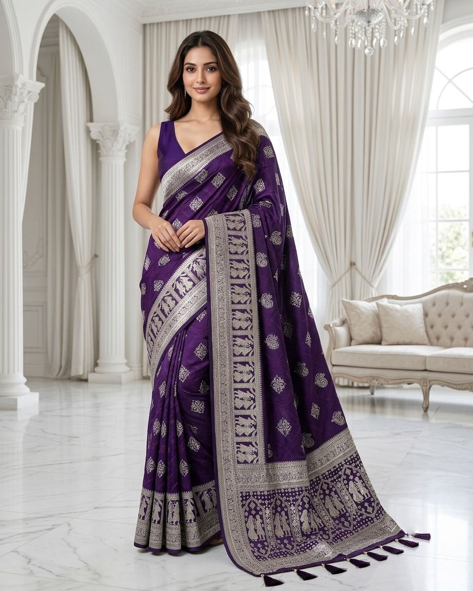 Royal Wine Purple Silver Zari Woven Traditional Saree with Heritage Designer Pallu