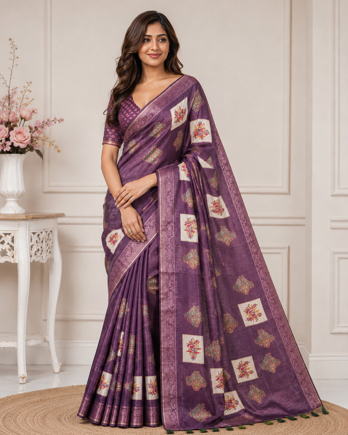 Wine Printed Kanjivaram Silk Saree for Women | Traditional Designer Saree