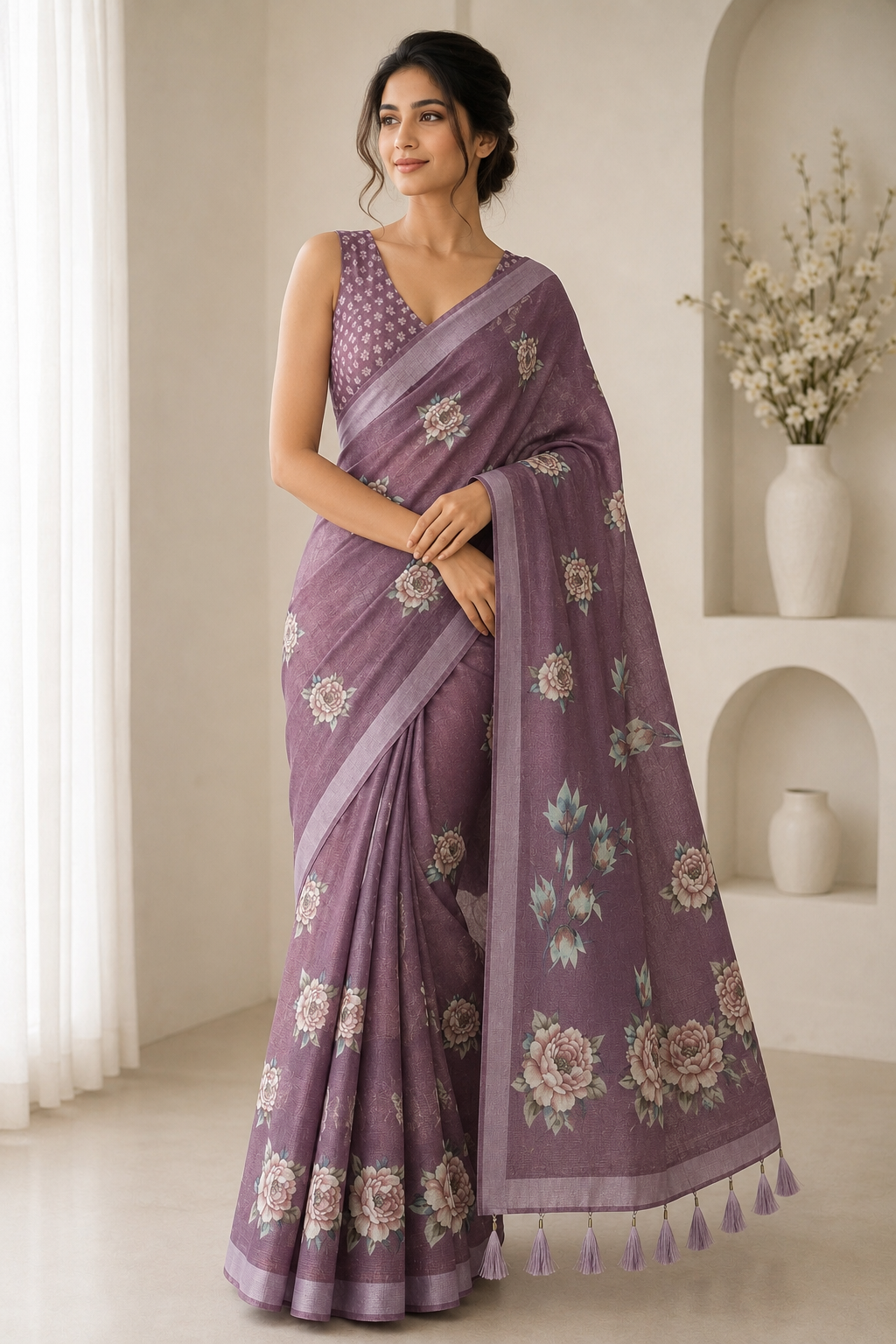 Wine Floral Printed Linen Blend Saree with Tassels