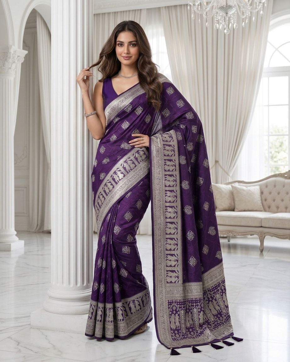 Royal Wine Purple Silver Zari Woven Traditional Saree with Heritage Designer Pallu