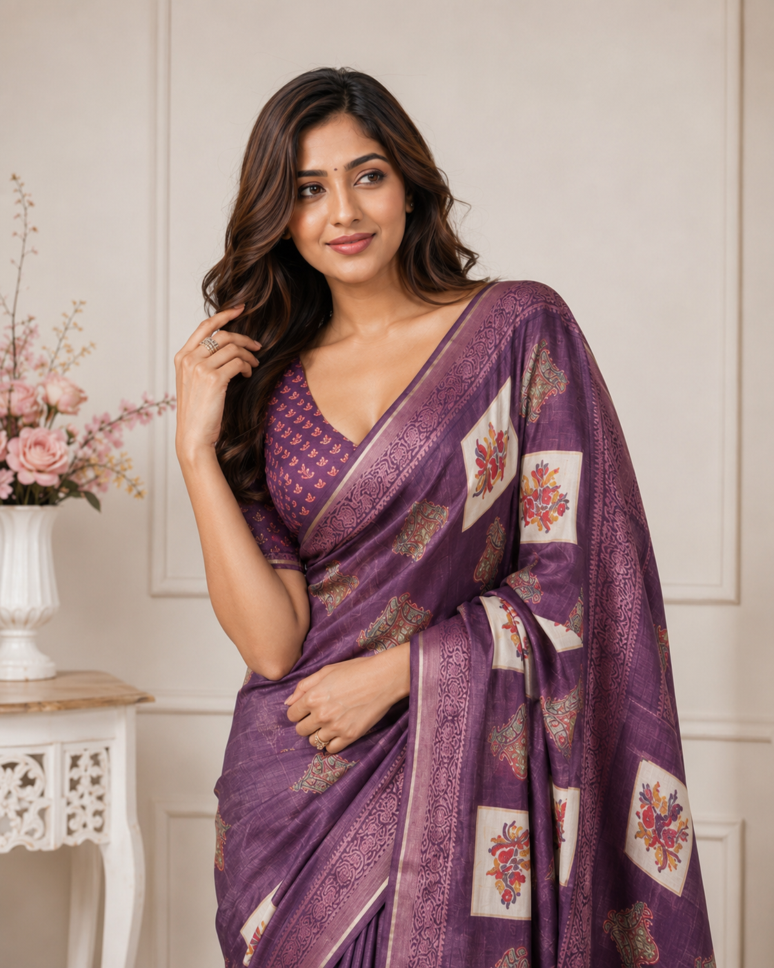 Wine Printed Kanjivaram Silk Saree for Women | Traditional Designer Saree