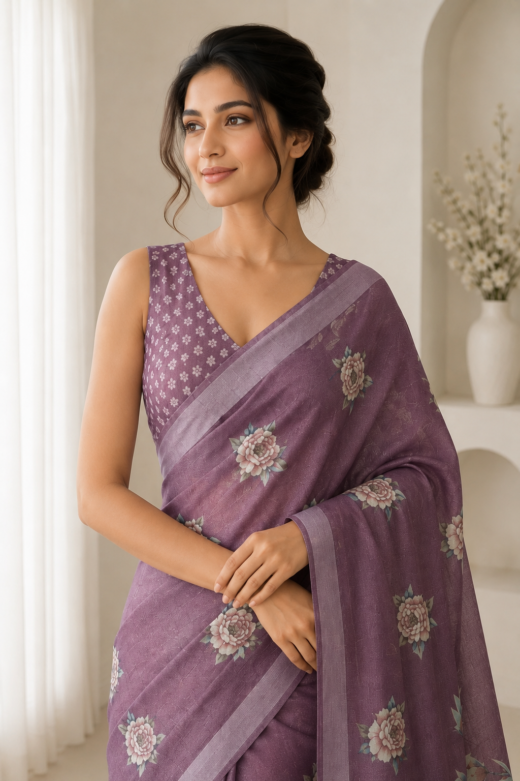 Wine Floral Printed Linen Blend Saree with Tassels