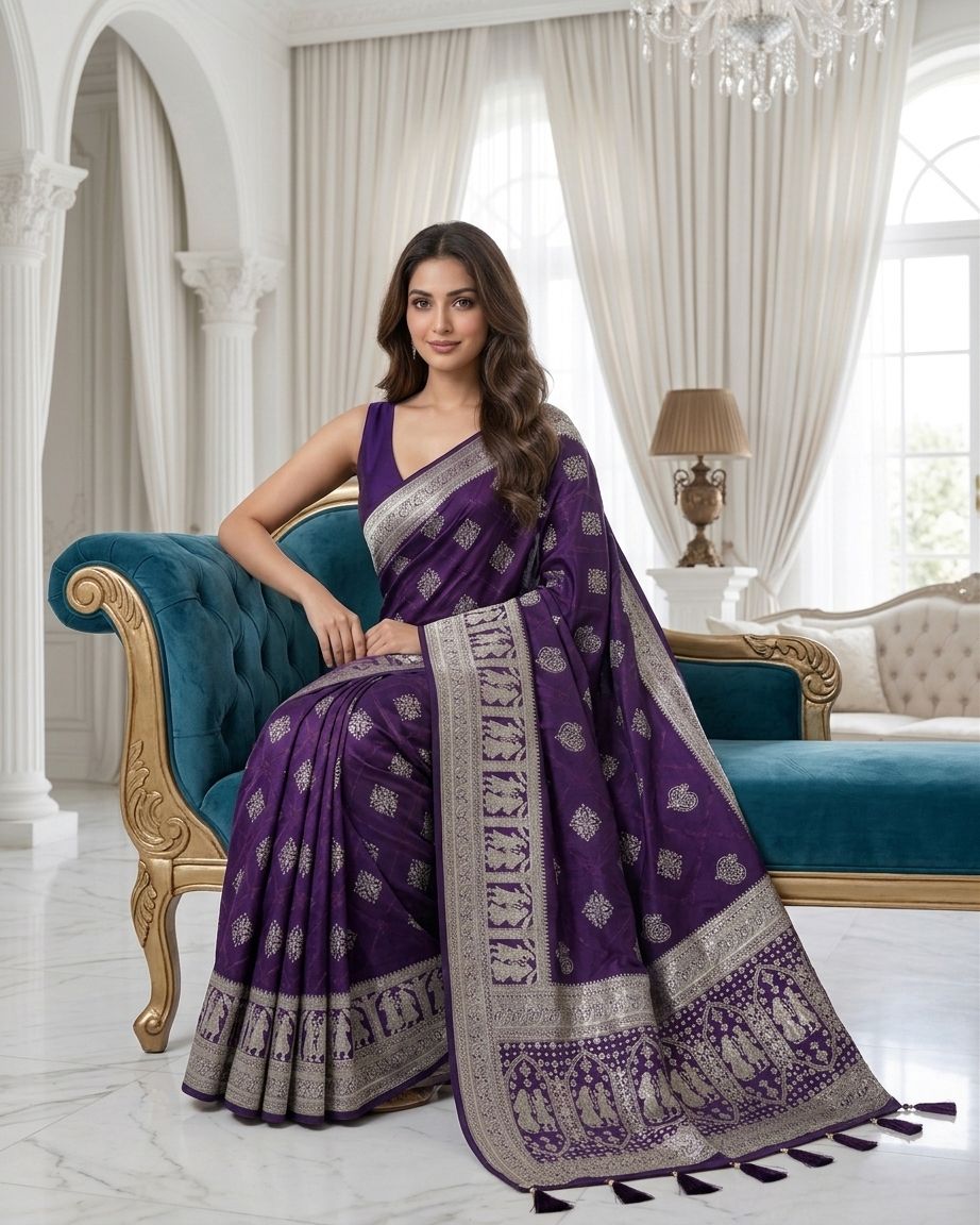 Royal Wine Purple Silver Zari Woven Traditional Saree with Heritage Designer Pallu