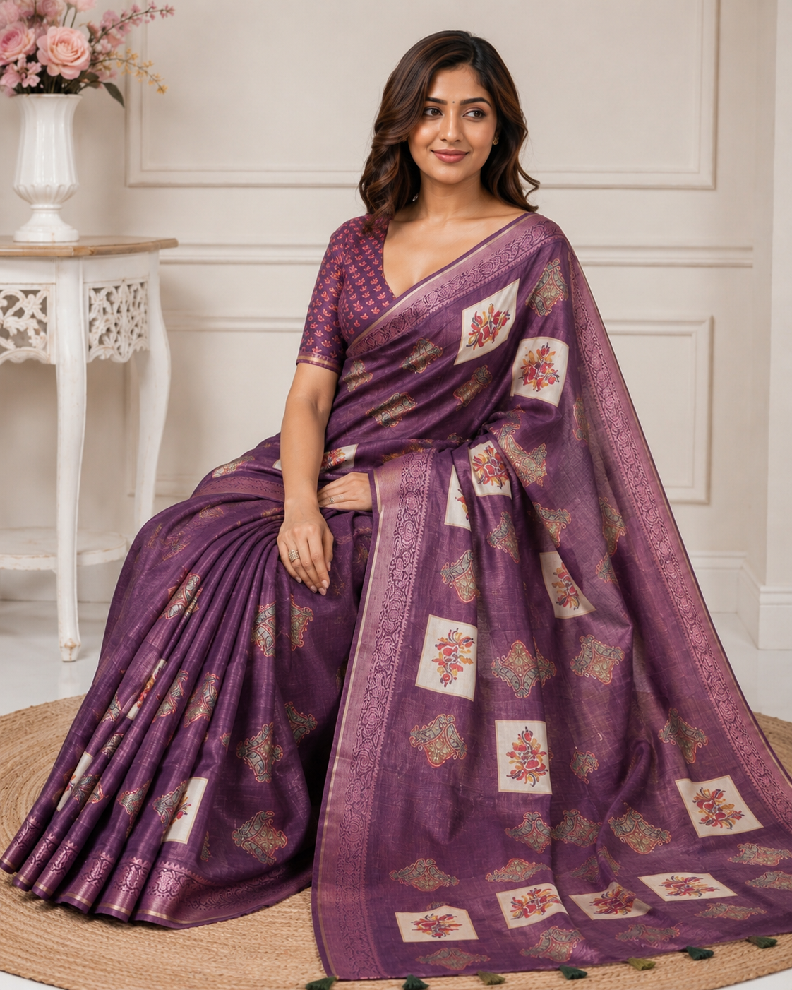 Wine Printed Kanjivaram Silk Saree for Women | Traditional Designer Saree
