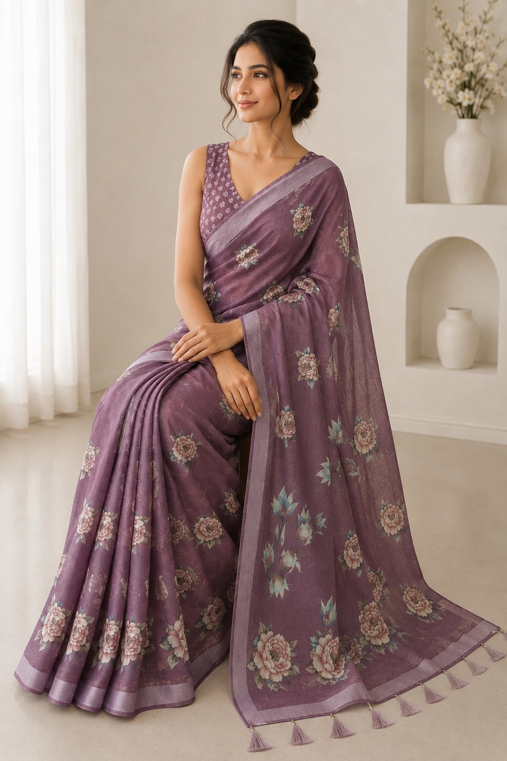 Wine Floral Printed Linen Blend Saree with Tassels