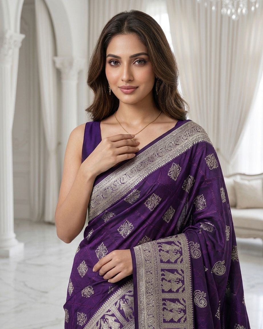 Royal Wine Purple Silver Zari Woven Traditional Saree with Heritage Designer Pallu