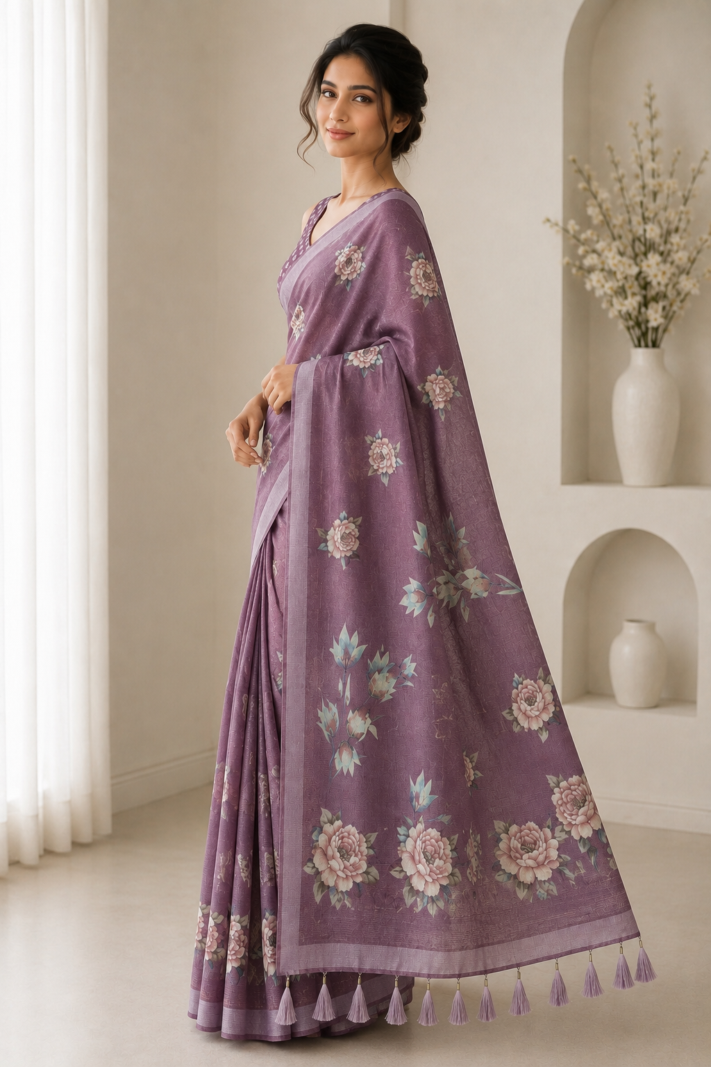 Wine Floral Printed Linen Blend Saree with Tassels