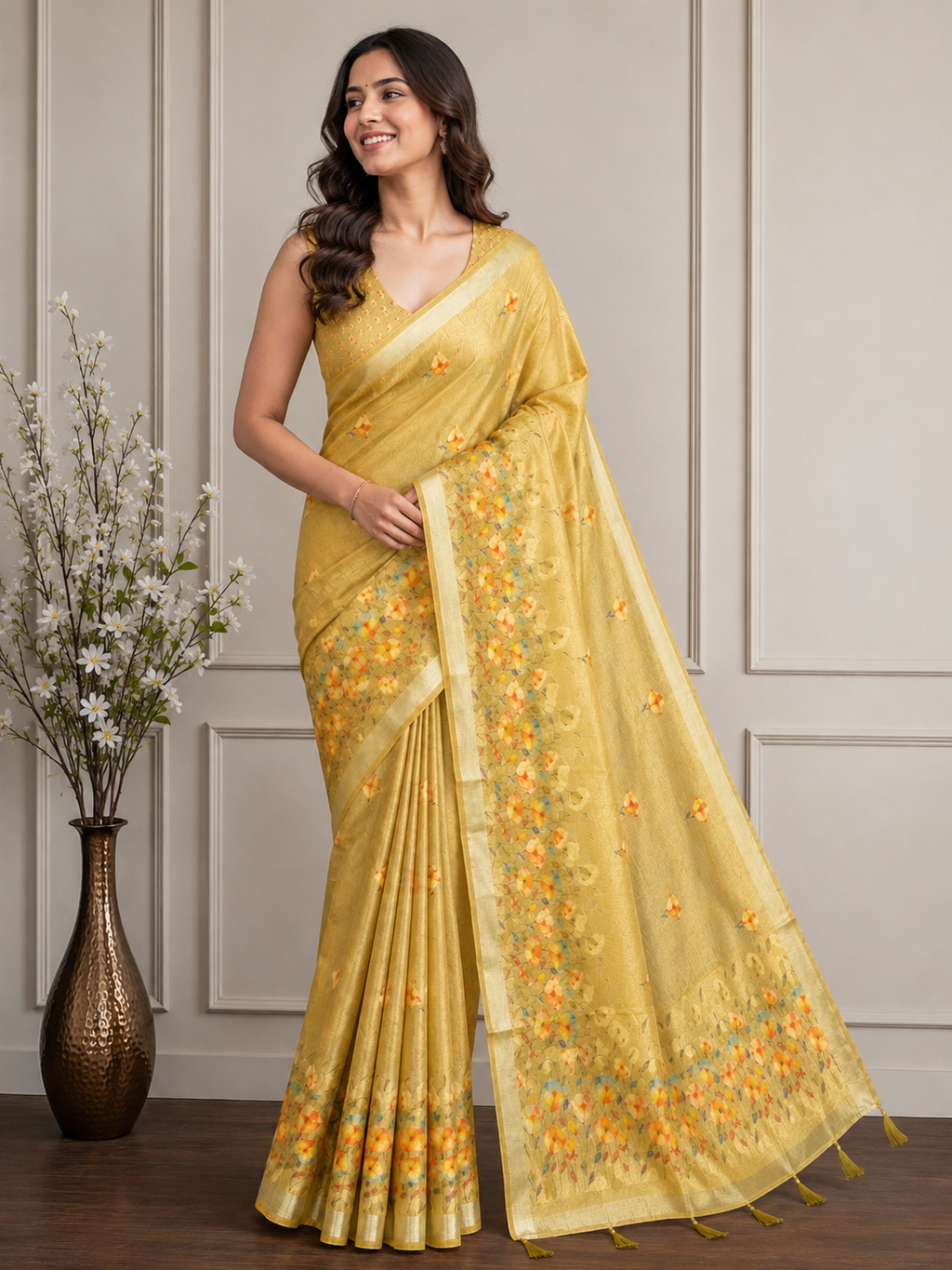 Yellow Floral Cotton Silk Saree with Designer Border
