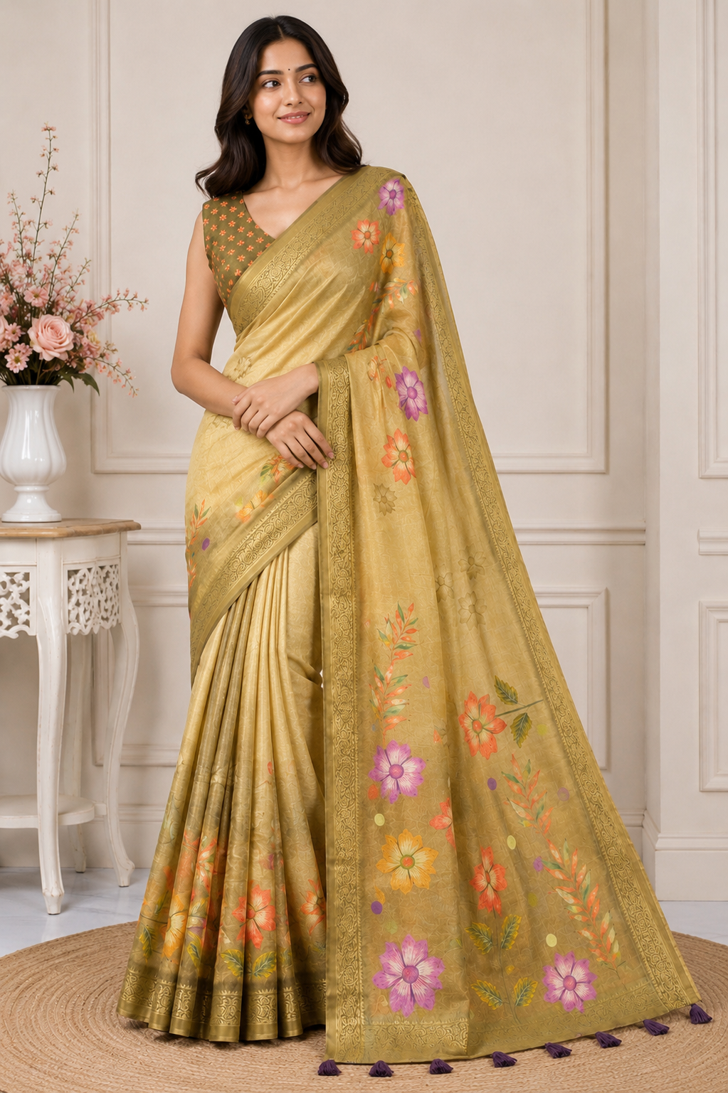 Yellow Floral Printed Kanjivaram Silk Saree for Women | Elegant Festive Saree