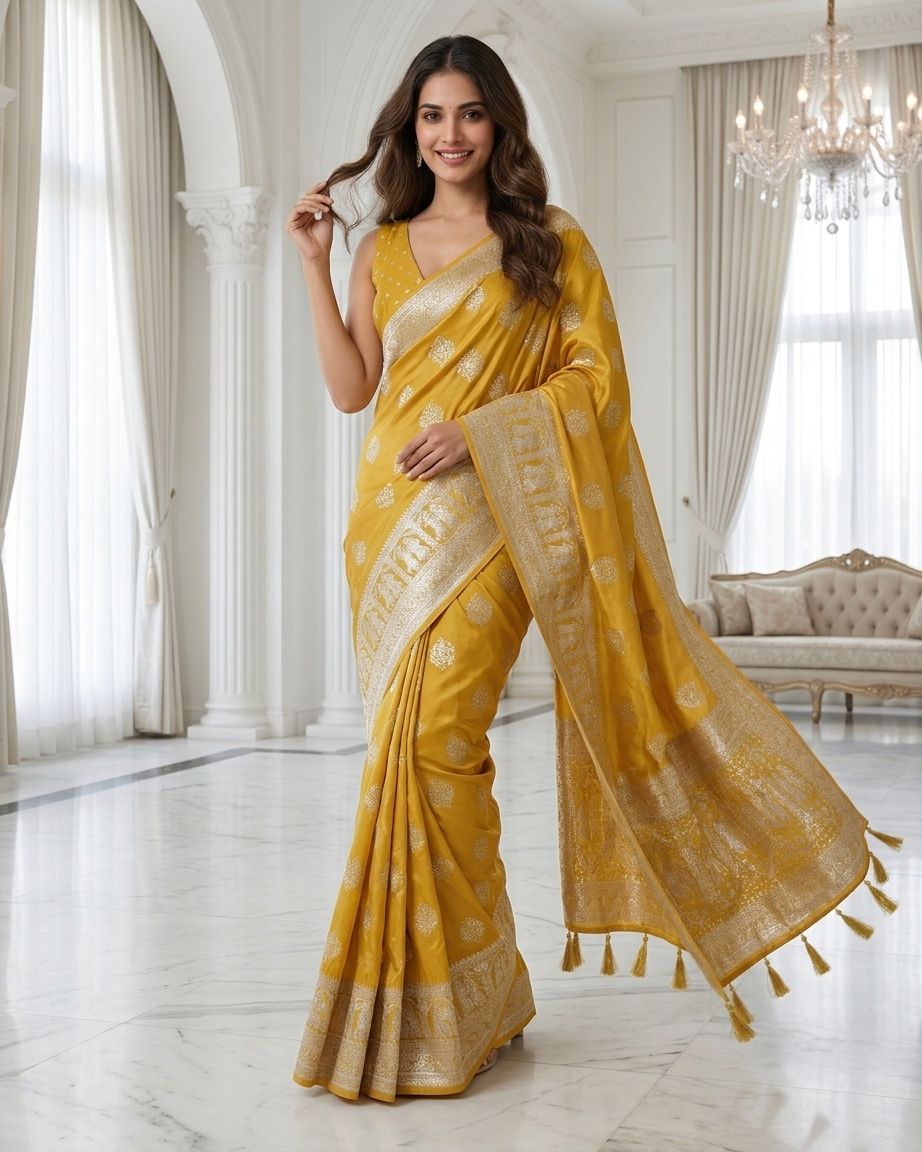 Mustard Yellow Silver Zari Woven Traditional Saree with Heritage Designer Pallu
