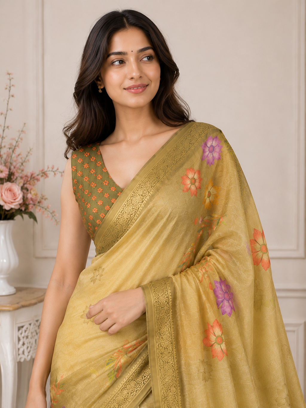 Yellow Floral Printed Kanjivaram Silk Saree for Women | Elegant Festive Saree