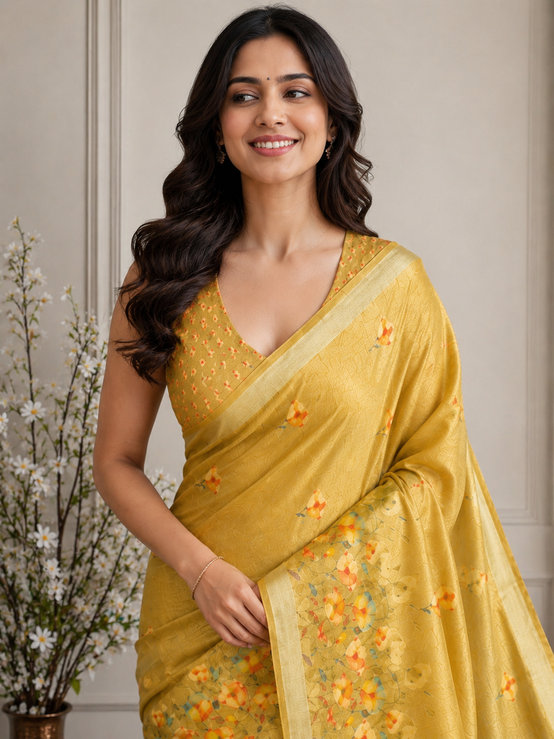 Yellow Floral Cotton Silk Saree with Designer Border