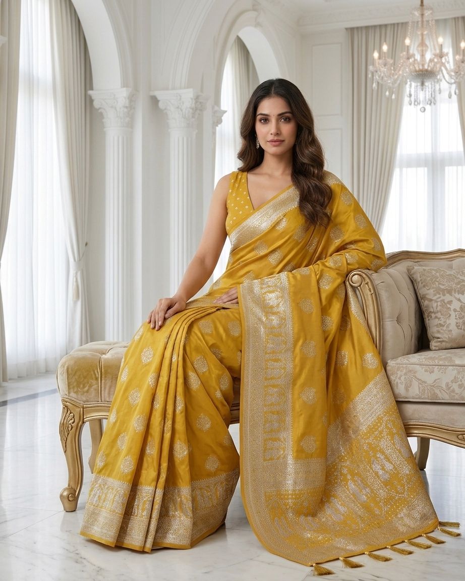 Mustard Yellow Silver Zari Woven Traditional Saree with Heritage Designer Pallu