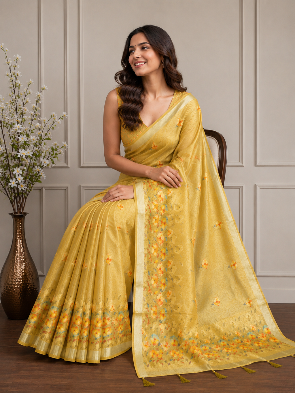 Yellow Floral Cotton Silk Saree with Designer Border