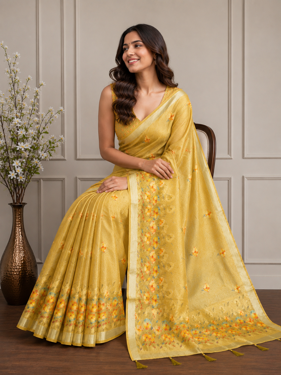 Yellow Floral Cotton Silk Saree with Designer Border