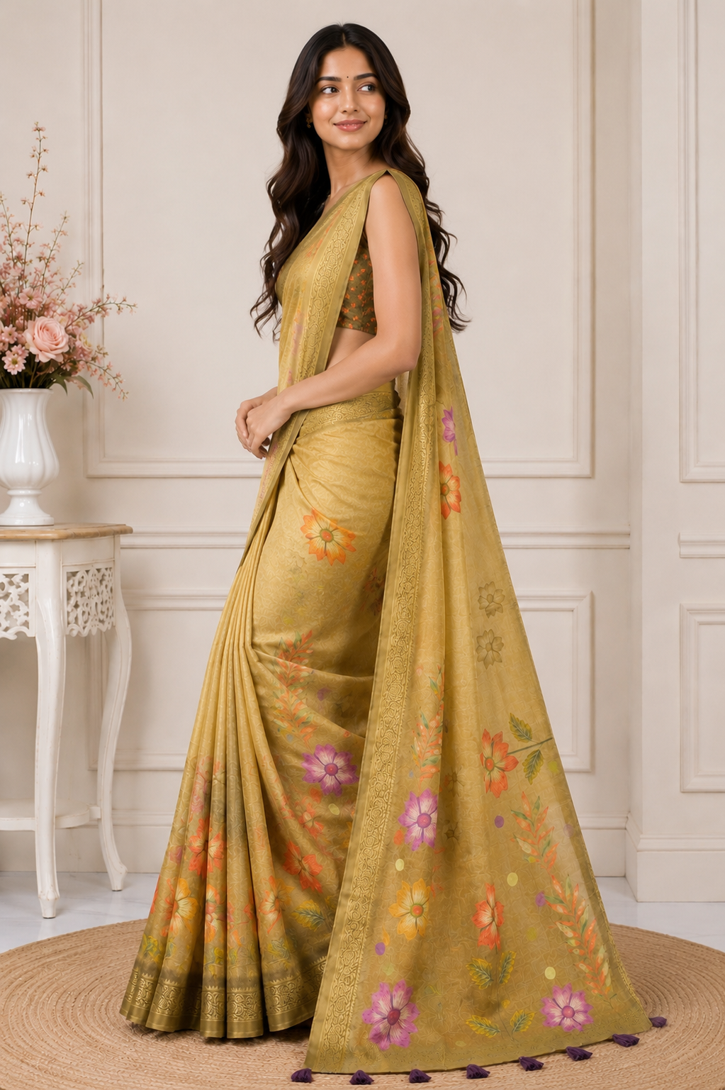 Yellow Floral Printed Kanjivaram Silk Saree for Women | Elegant Festive Saree