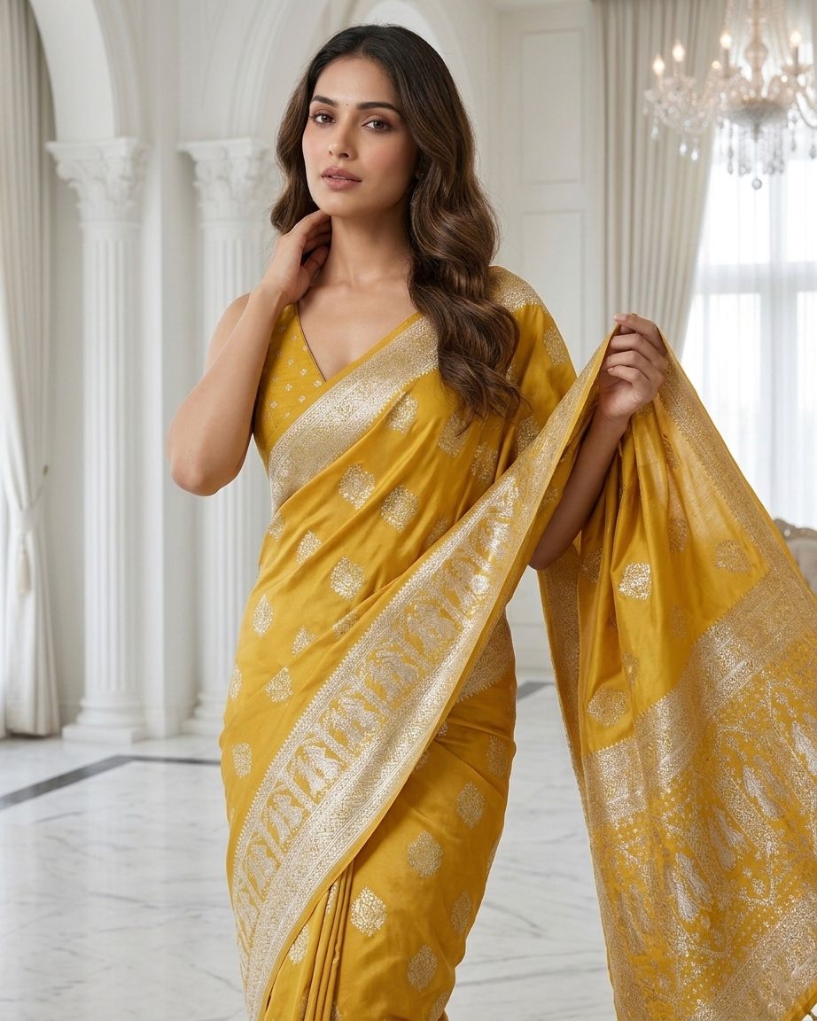 Mustard Yellow Silver Zari Woven Traditional Saree with Heritage Designer Pallu