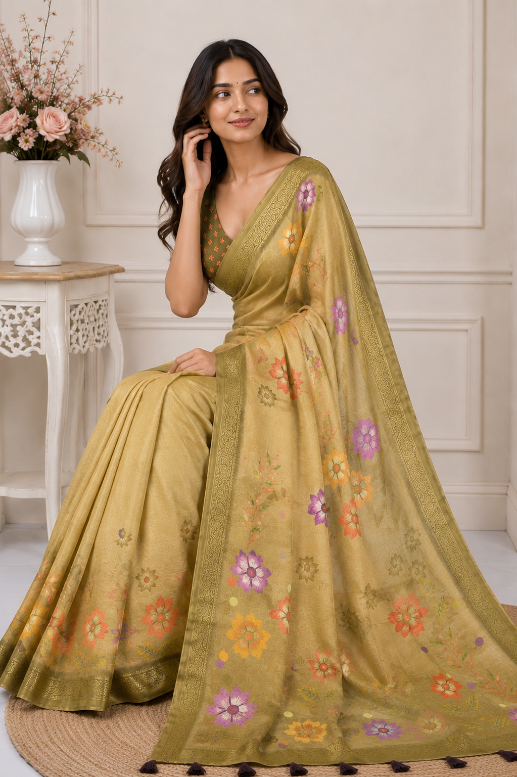 Yellow Floral Printed Kanjivaram Silk Saree for Women | Elegant Festive Saree