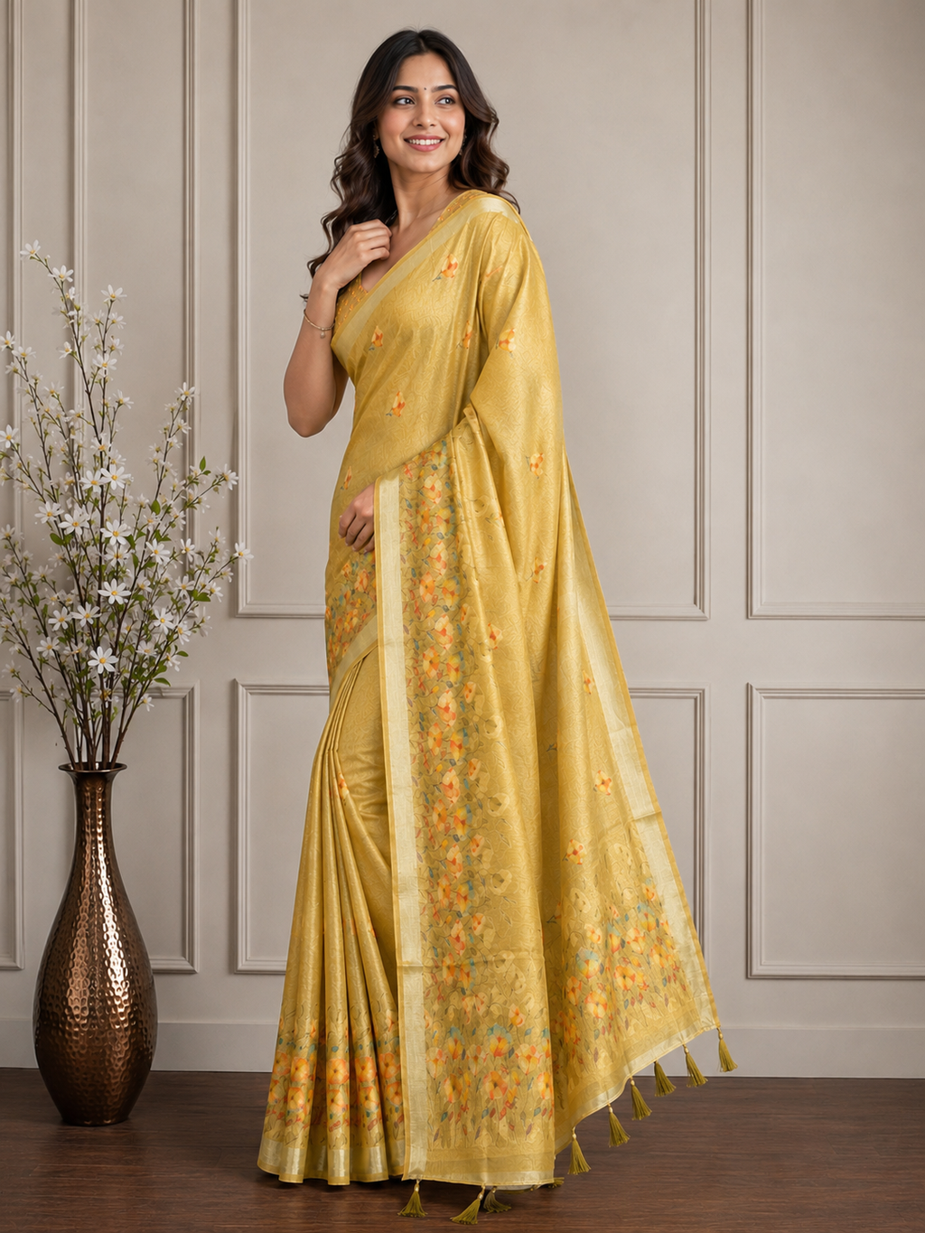Yellow Floral Cotton Silk Saree with Designer Border