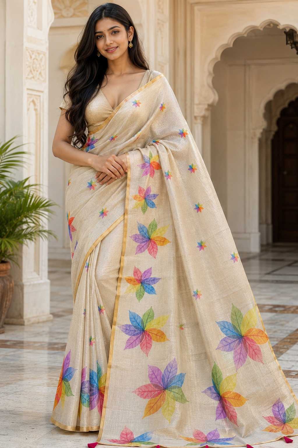 Ivory Floral Printed Saree with Gold Border | Multicolor Ethnic Saree